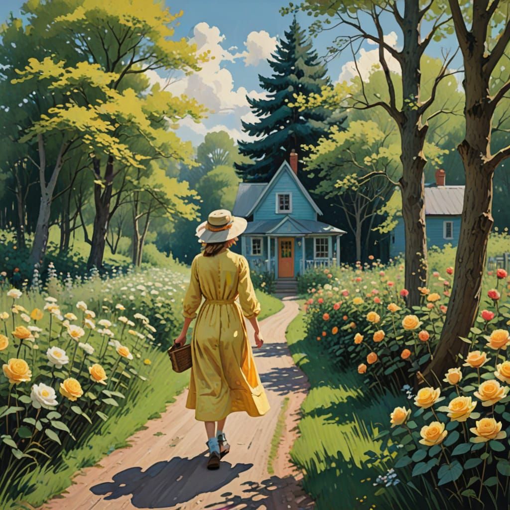 Young Woman Approaches Mailbox in Whimsical Garden Setting