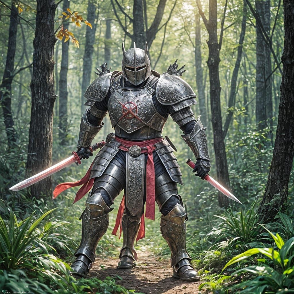 "A powerful knight resembling a samurai and assassin, walkin...