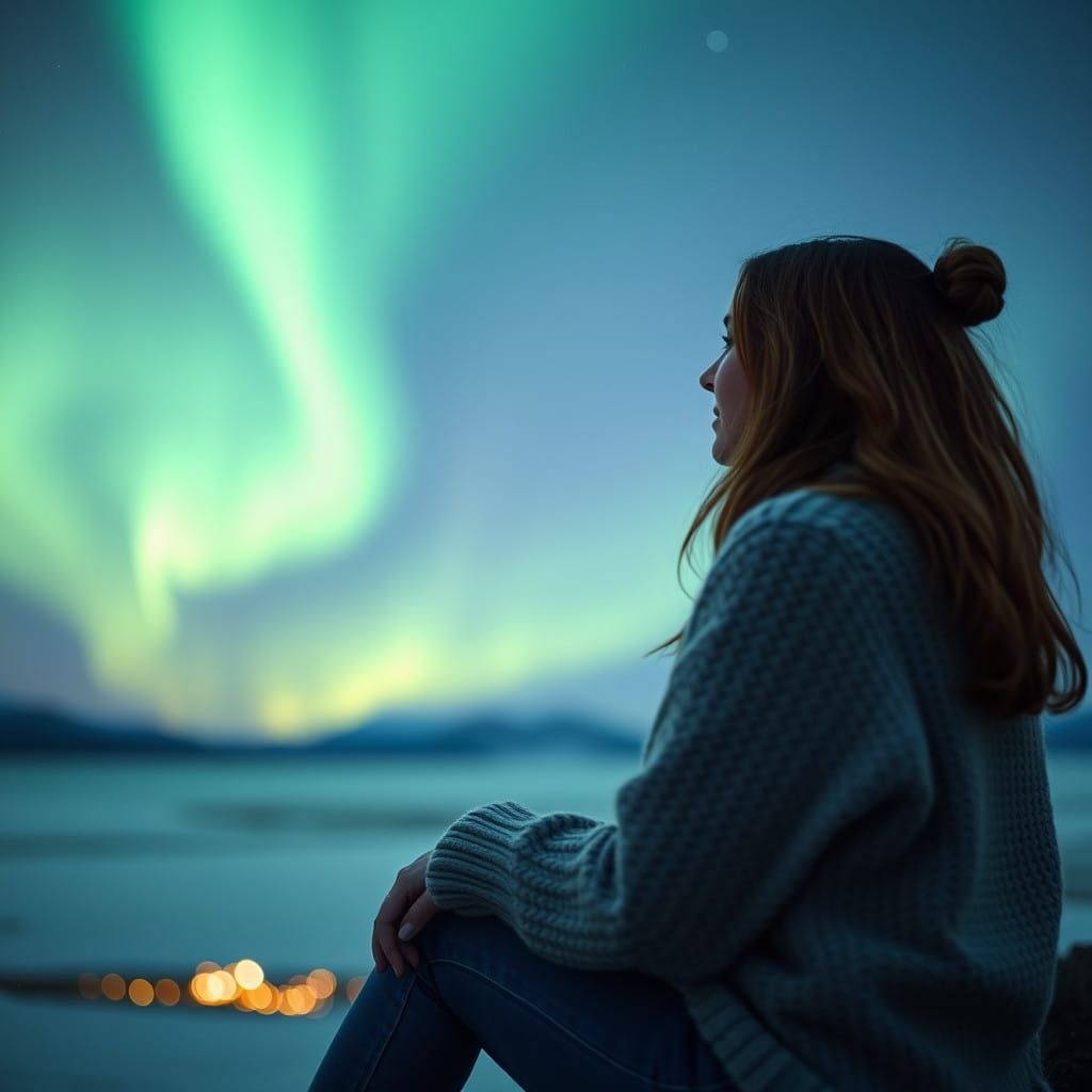 Serene Woman Admires Nordlys in Ethereal Night
