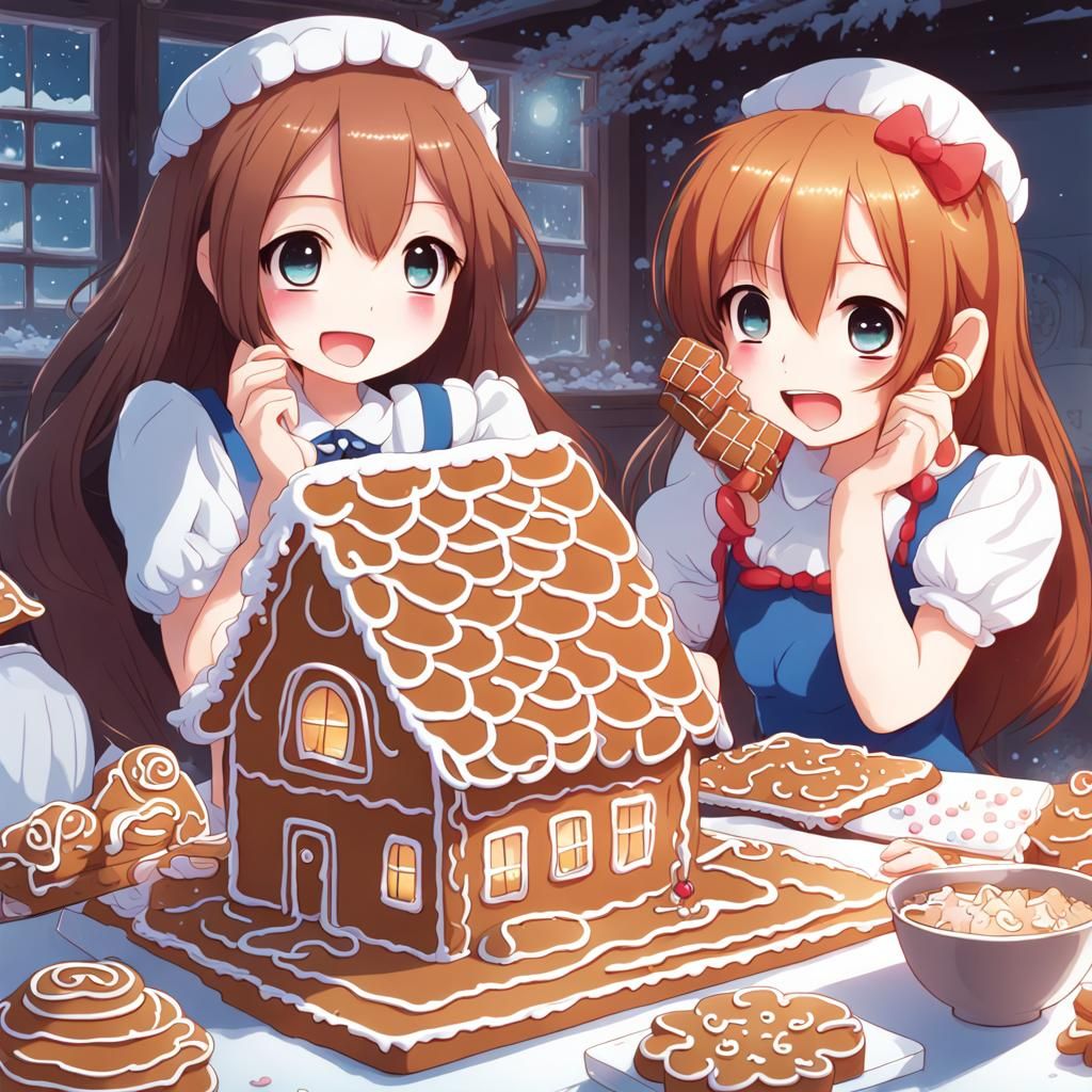 Girls Making Gingerbread House in Anime Style