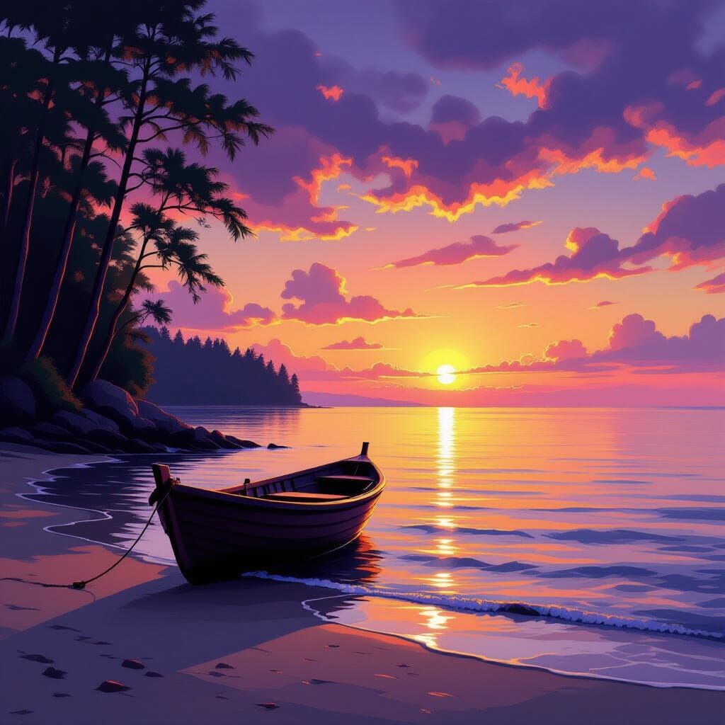 Golden Sunset Beach Scene with Departing Boat and Forest Bor...