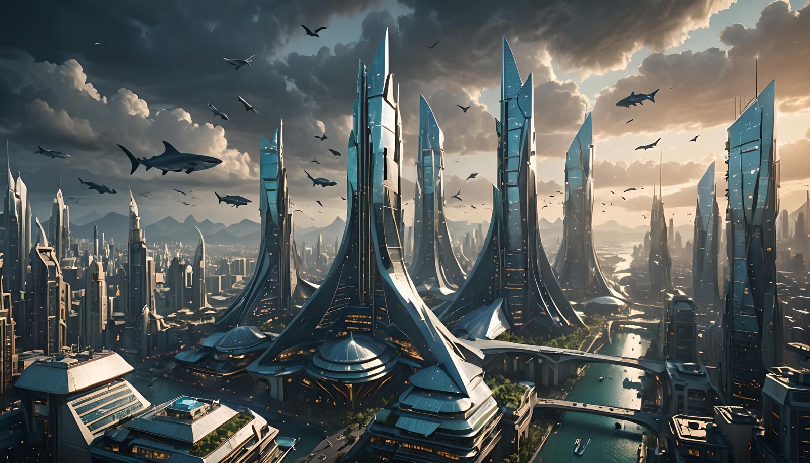 Futuristic Shark Fin Skyscrapers in Utopian City
