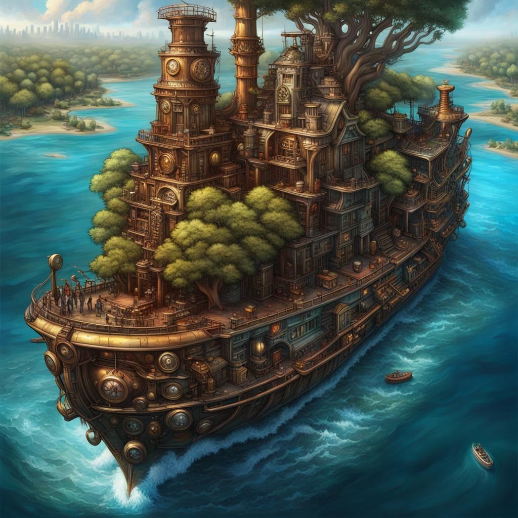 Steampunk City on a Giant Steampunk Boat
