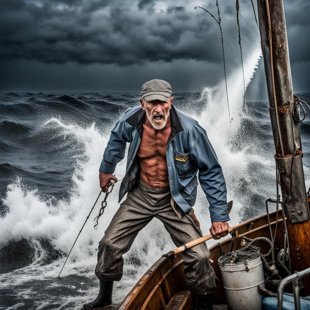 Epic Battle: Fisherman vs Swordfish in Stormy Seas