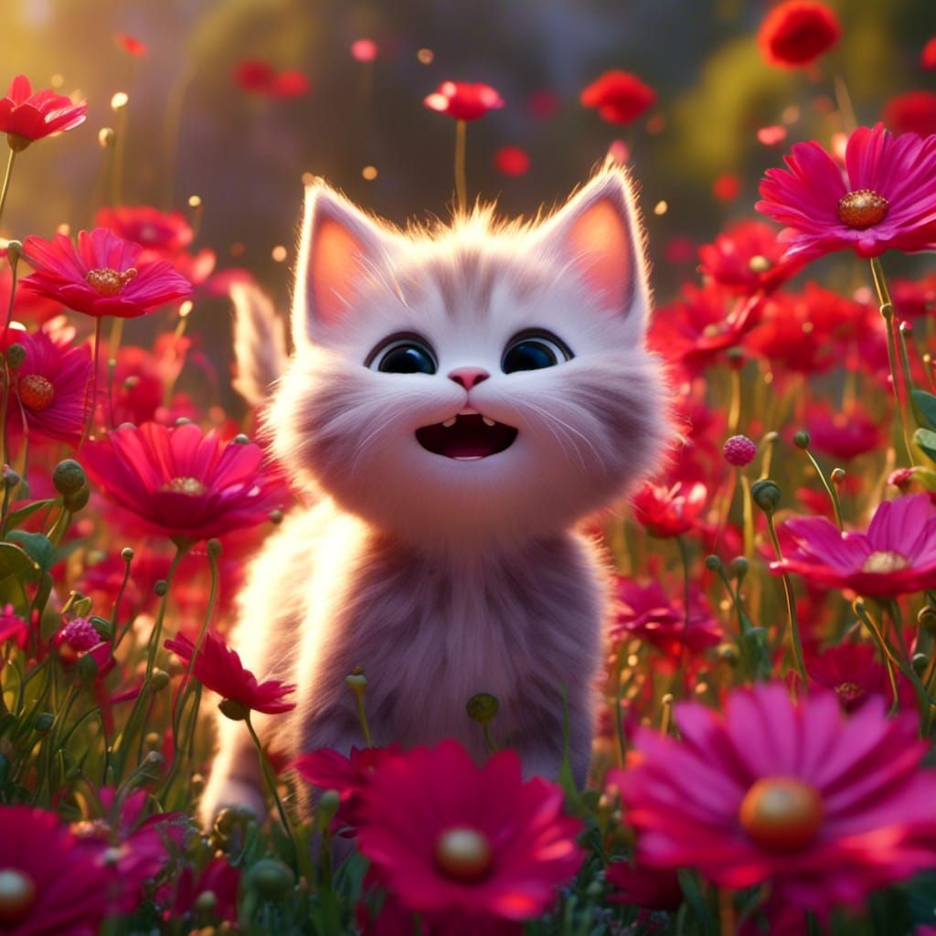 Kitten Plays Among Giant Red Cosmos Flowers