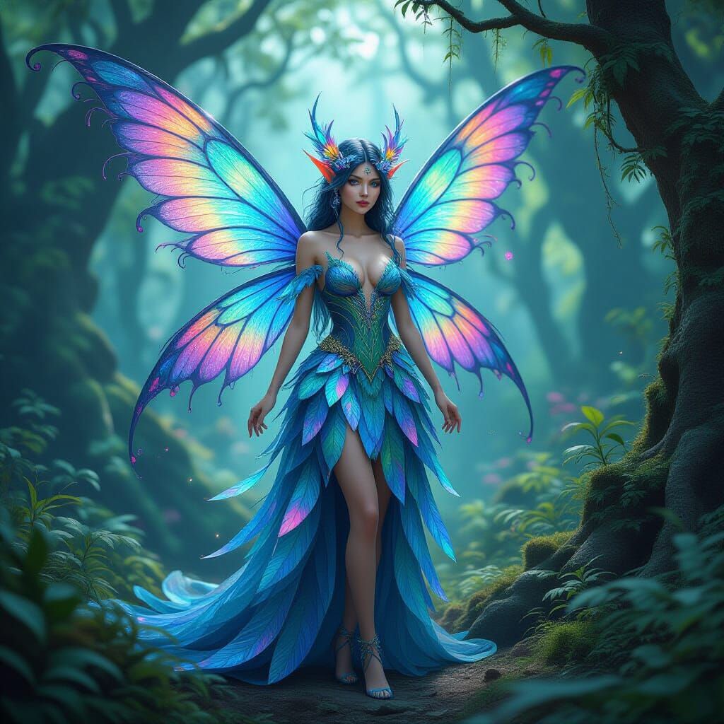 Detailed Fairy Made of Iridescent Feathers in Mystical Fores...