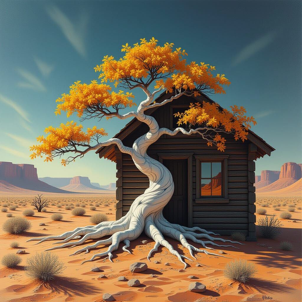 Marble Bonsai Tree in Desert House, Hyperrealistic Digital P...