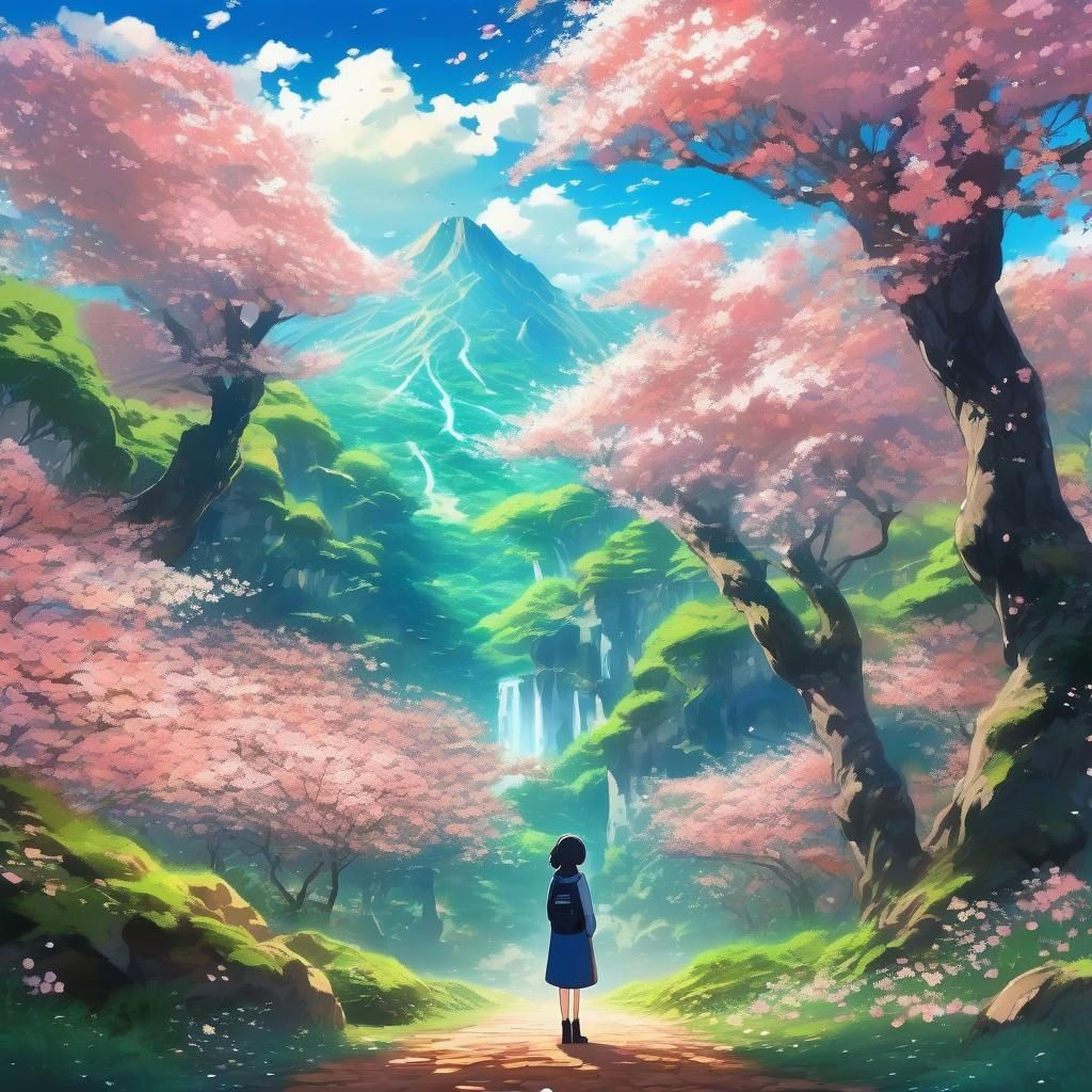 Anime Woman Admiring Blossom Trees in Forest