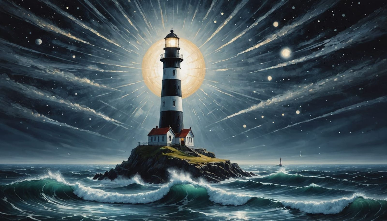Surreal Lighthouse on Starry Sea Painting