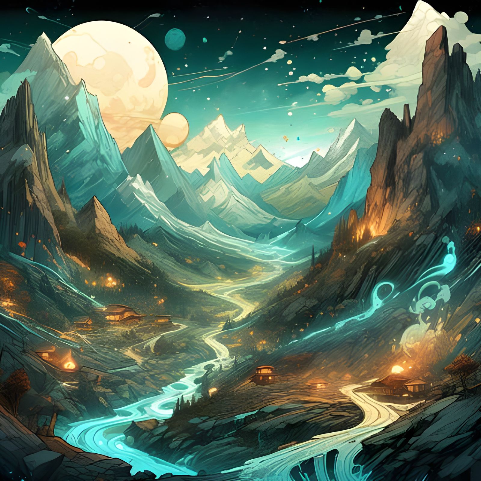 Moonlit Mountain Landscape at Night