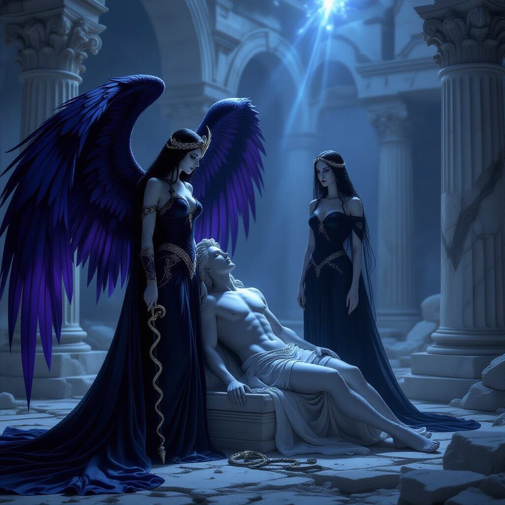 Nyx Beside the Fallen God Asclepius