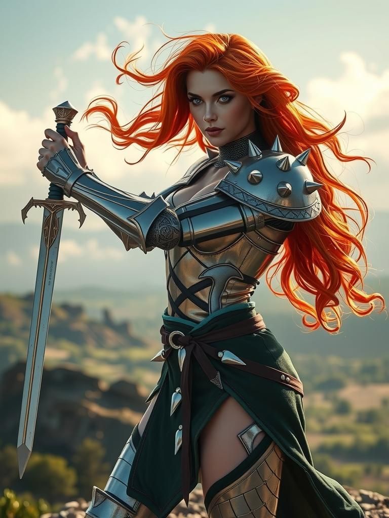 Red-Haired Witch in Armor with Glowing Sword
