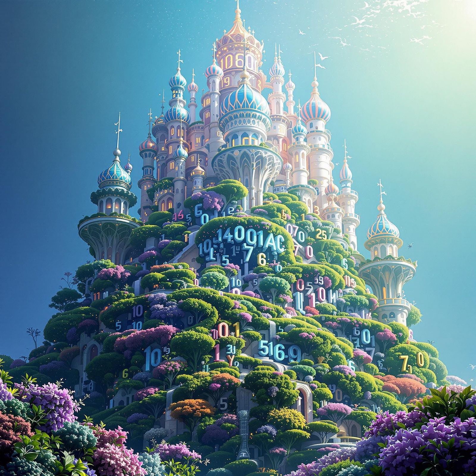 Intricate Numerical Palace in Vibrant Garden Landscape