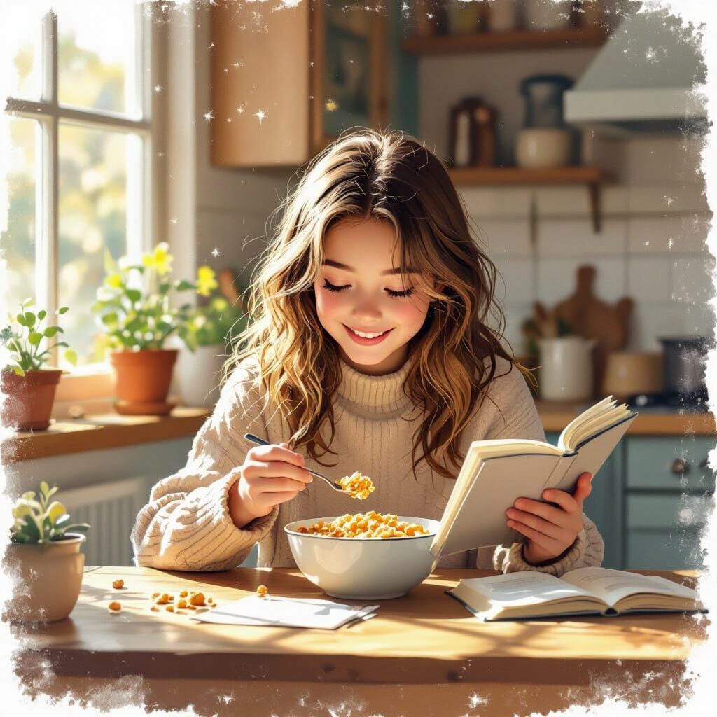 Girl Reading and Eating Cereal in Cozy Kitchen