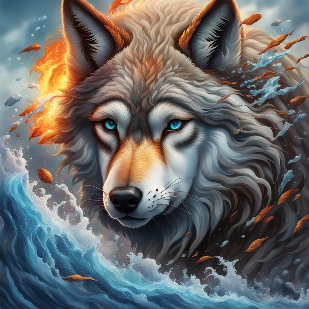 Elemental Wolf Portrait in Splash Art Style
