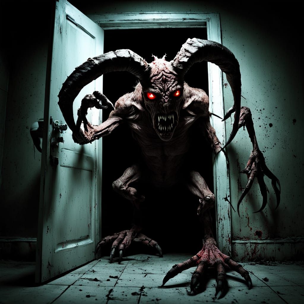 Gothic Horror Creature Emerges from Toilet Door