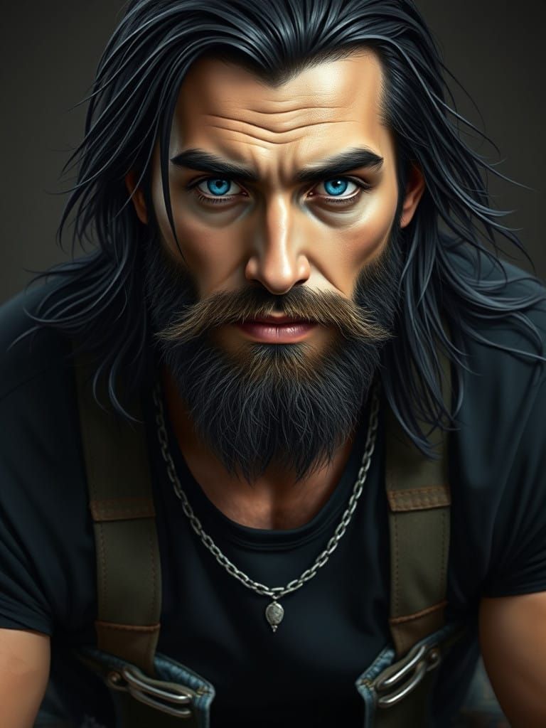 Mysterious Strong Man with Piercing Blue Eyes and Mysterious...