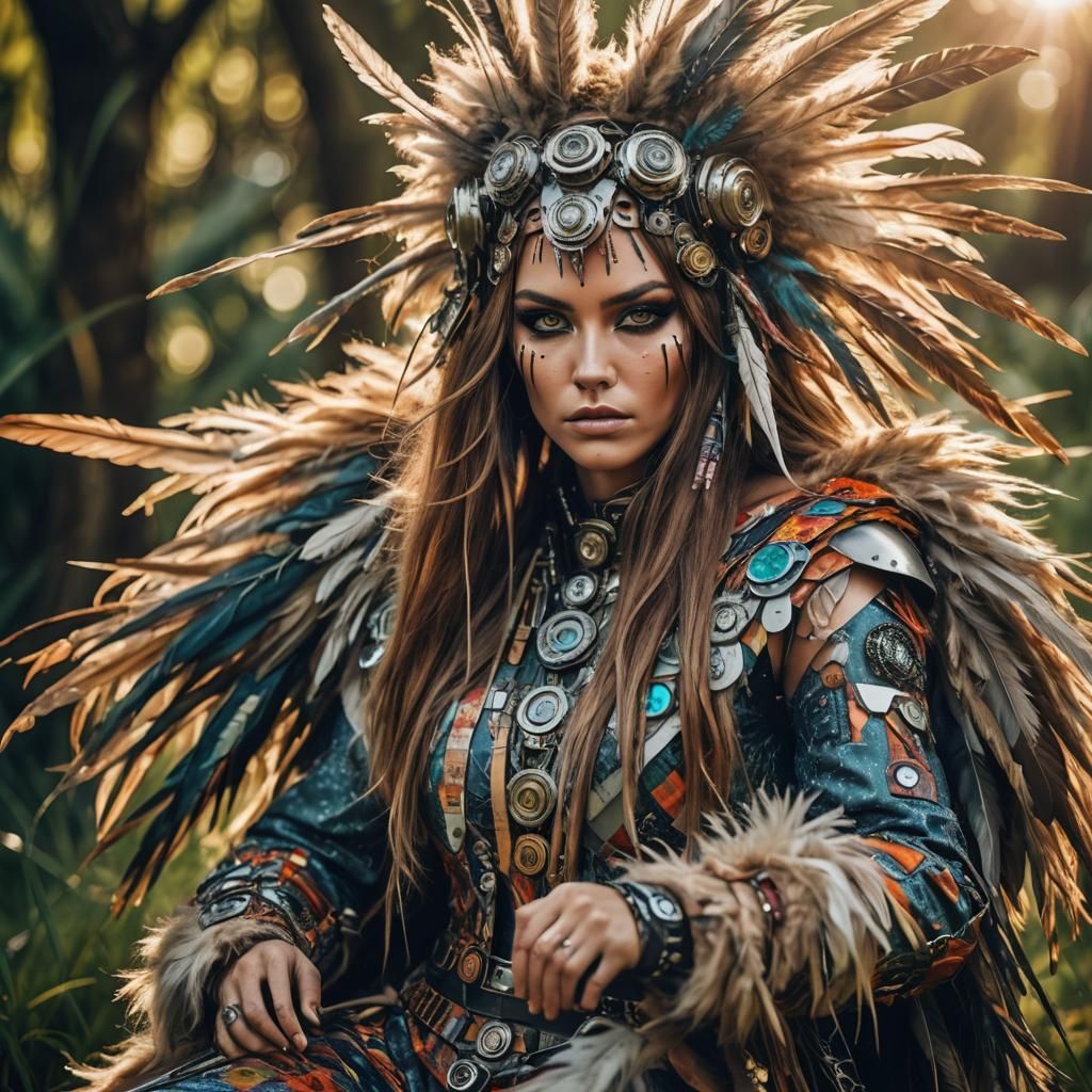 Playful Cyborg Portrait with Feathers in Psychedelic Style