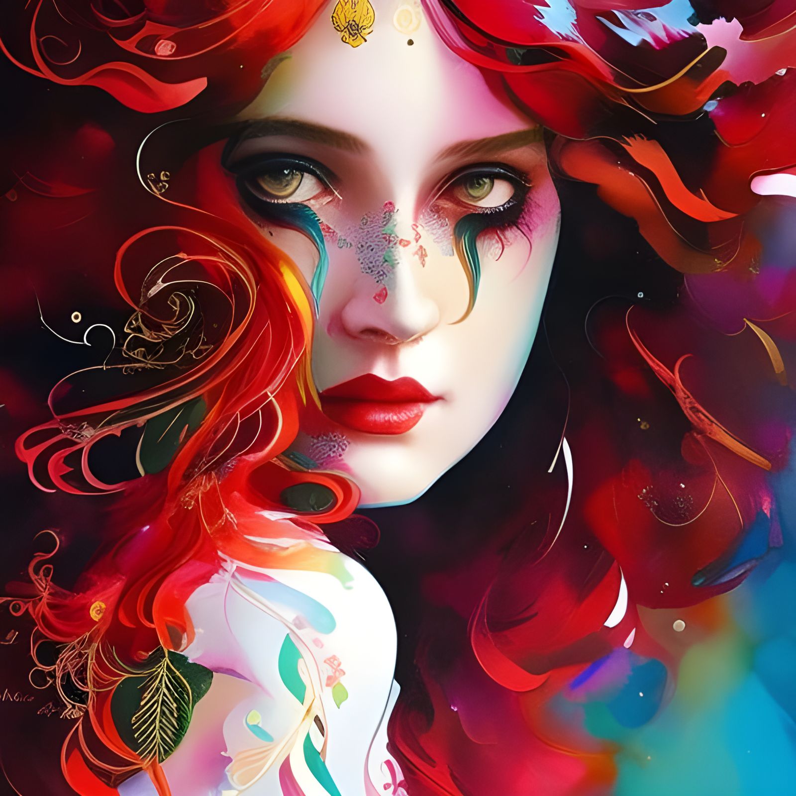 Gypsy Girl with Flowing Red Hair, Gouache Painting