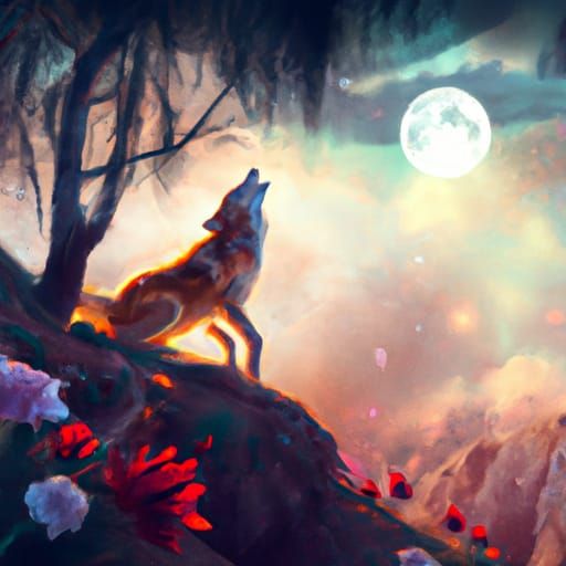 Wolf Howling at Moon: Digital Matte Painting