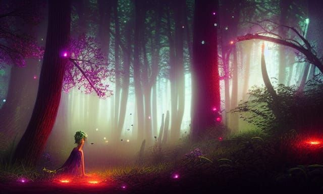 Enchanted Forest: Fairy Lights and Fireflies at Night