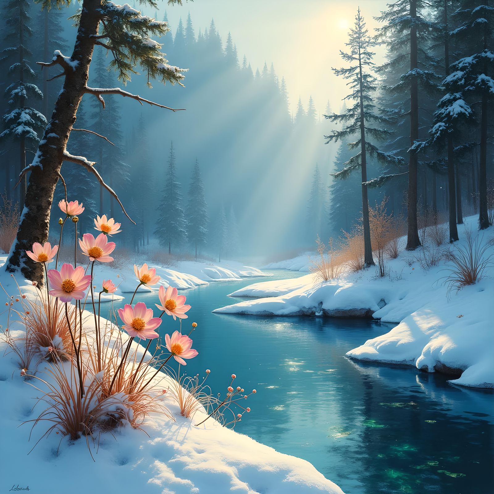 Icy Flowers and Mountain Stream in Golden Age Style