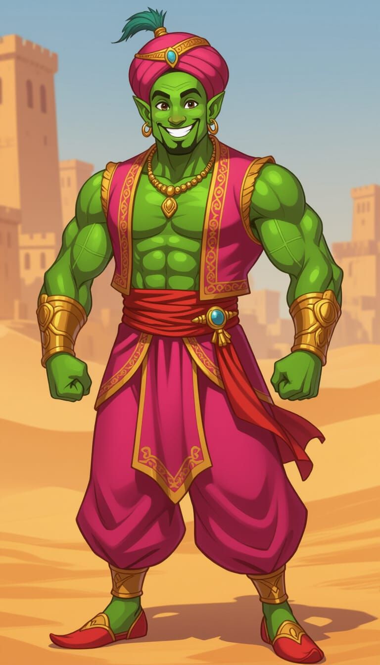 Muscular Green Genie in Crimson and Gold