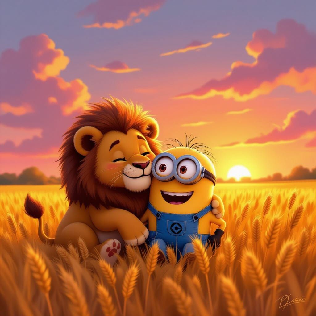 Lion Cub Cuddles Minion in Wheat Field Sunset