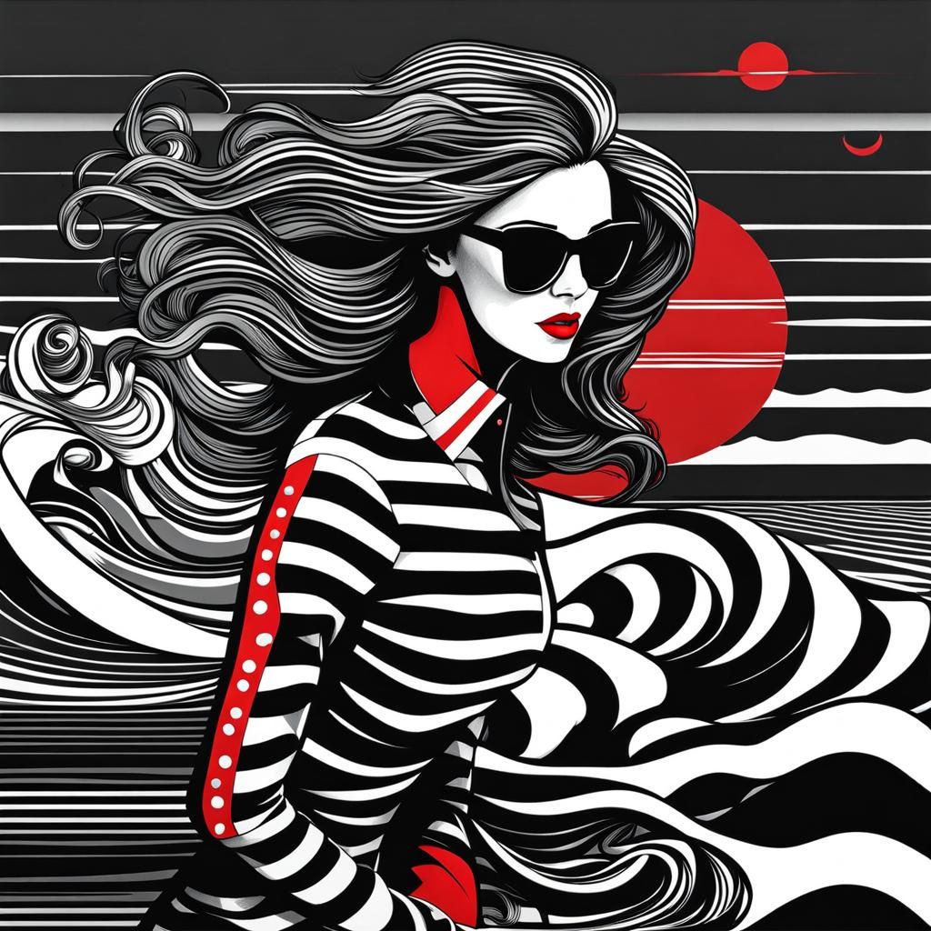 Mermaid in Striped Dress: Minimalist Charcoal Drawing