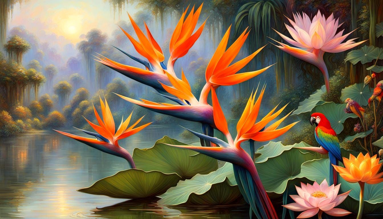 Exotic Fractal Lake with Birds and Lotus Flowers