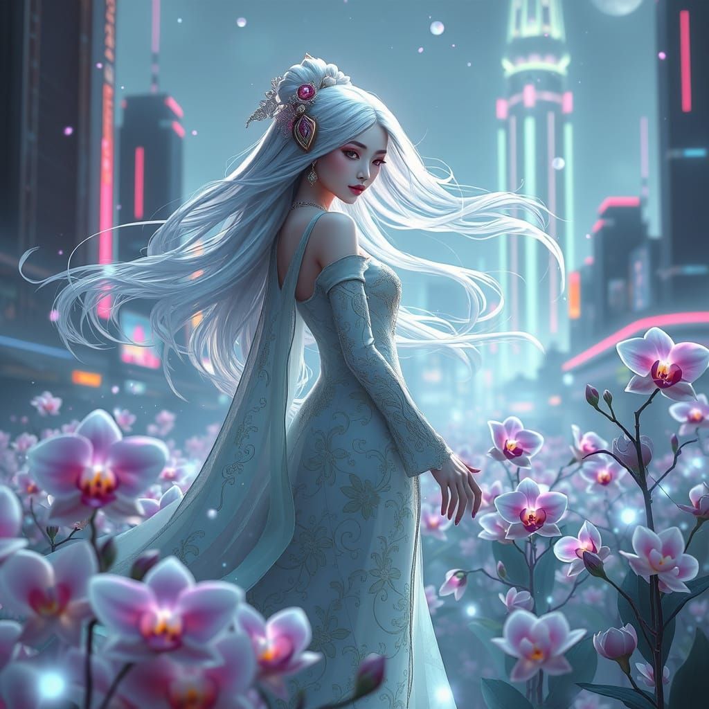 Goddess in Opalescent Field with Futuristic Cityscape