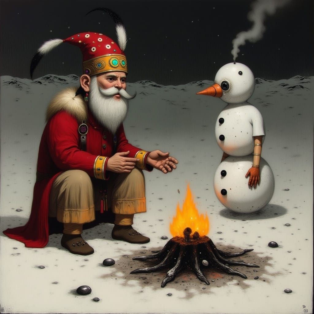 Native American Chief Blesses Melting Snowman