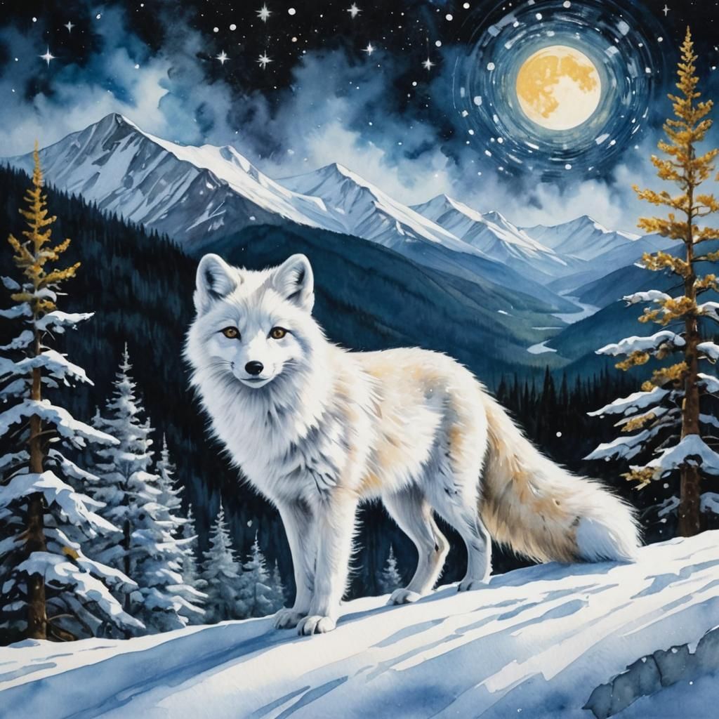 Arctic Fox in Banff National Park: Watercolor and Ink