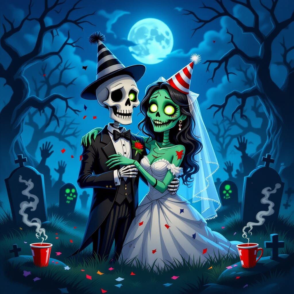 Haunted Graveyard New Year's Ball with Skeleton Groom and Zo...