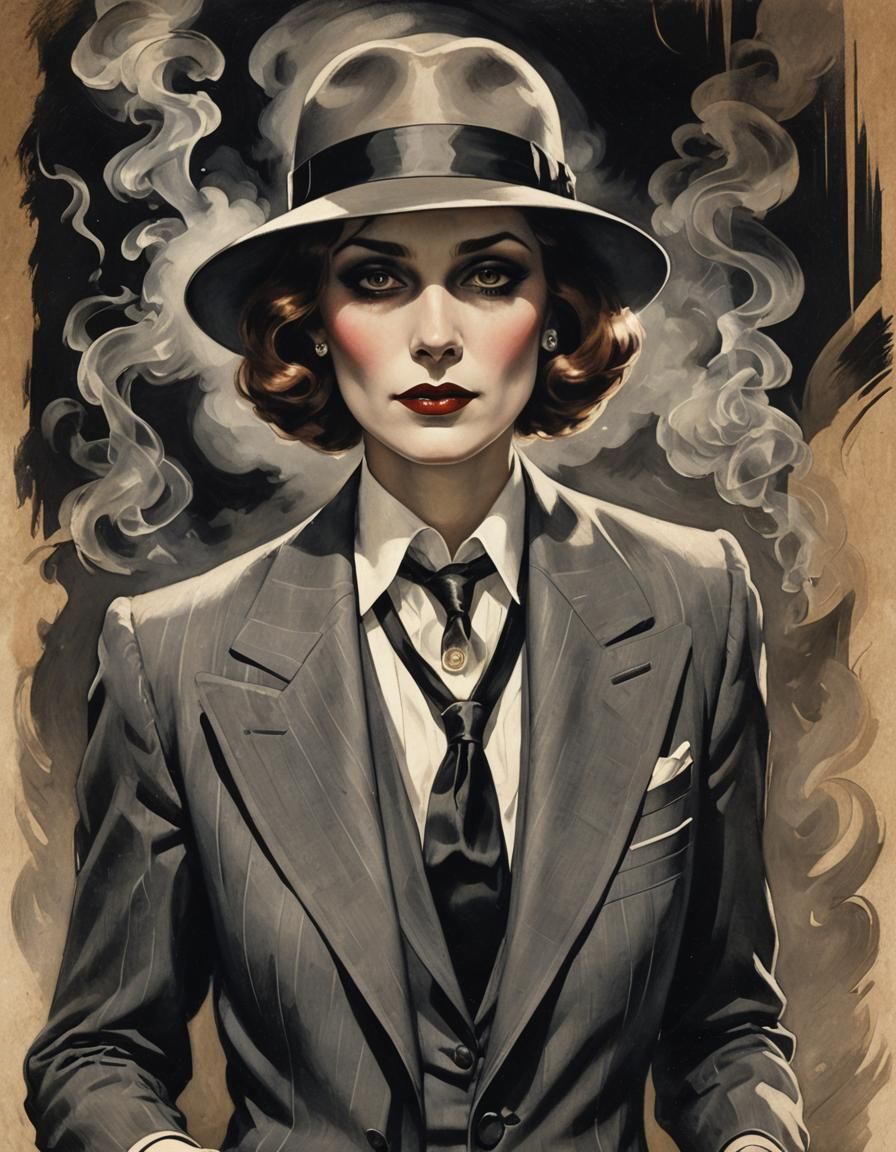 Art Deco Ghostly Woman in Suit with Cigar