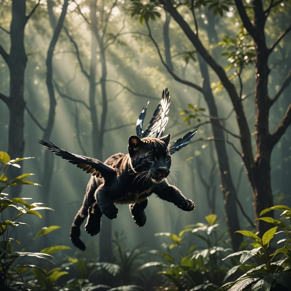 Winged Baby Panther in Flight: Cinematic Still