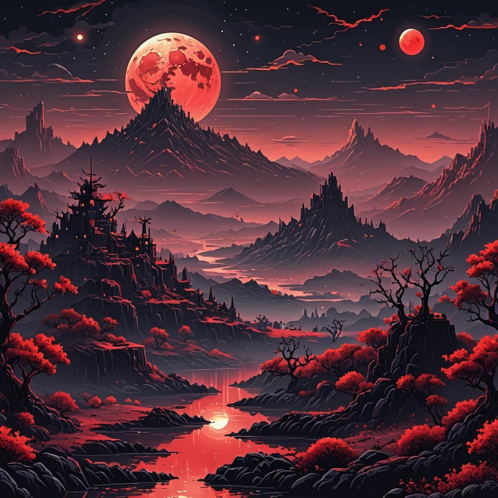 Dark Fantasy Landscape with Red Moon in Pixel Art