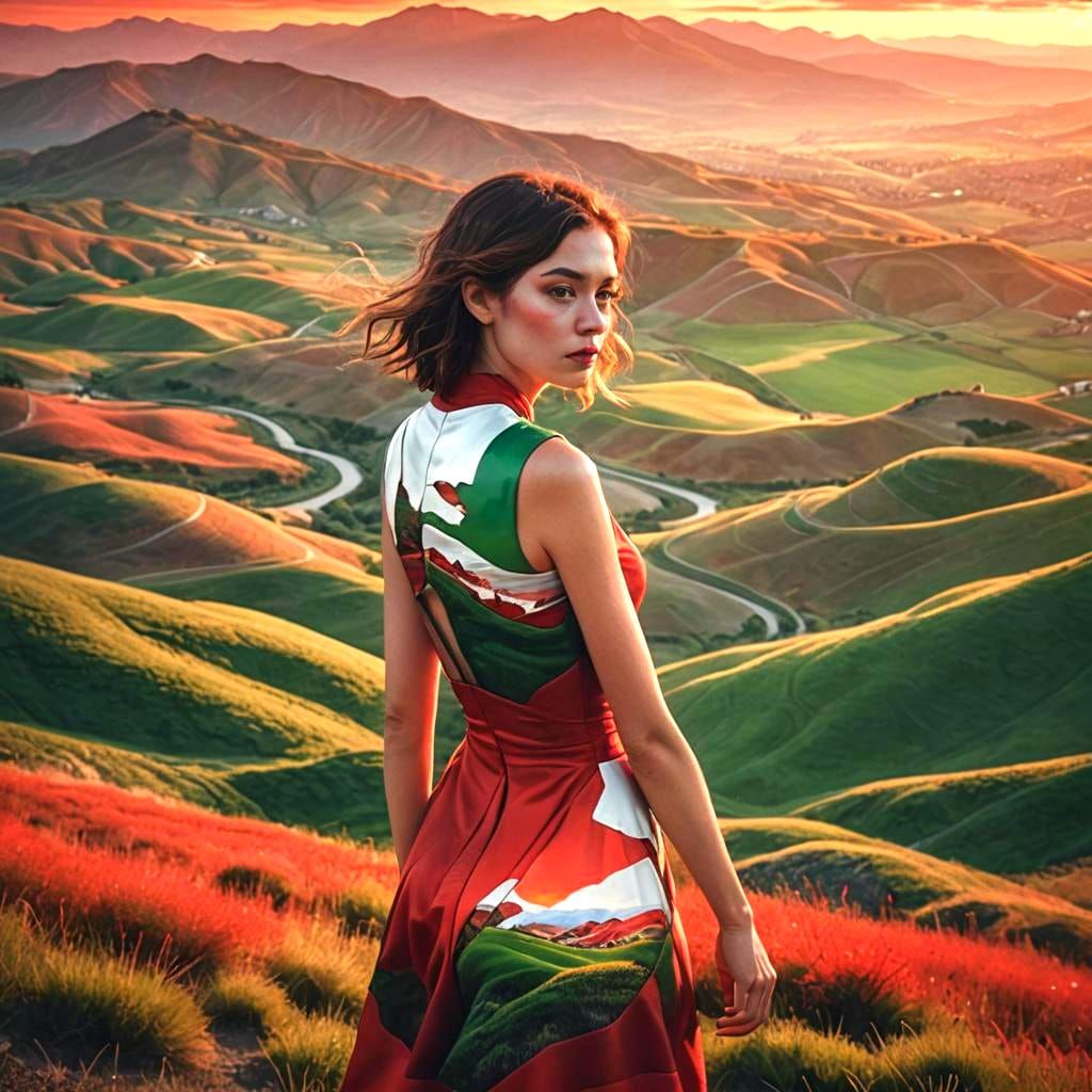 Surreal Double Exposure: Hills and Woman in Detailed Fantasy...