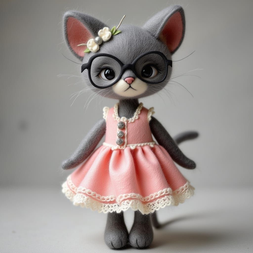 Whimsical Felted Kitten in Pastel Dress