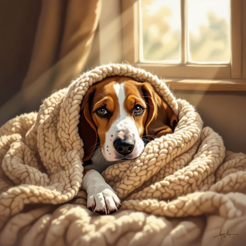 Cozy Basket Hound Dog Napping Under Blanket