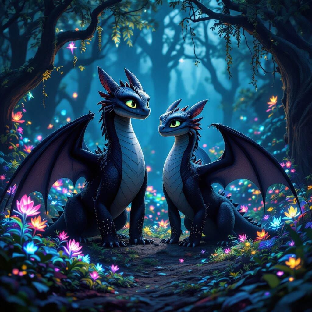 Toothless and Luna Dragons in Glowing Forest