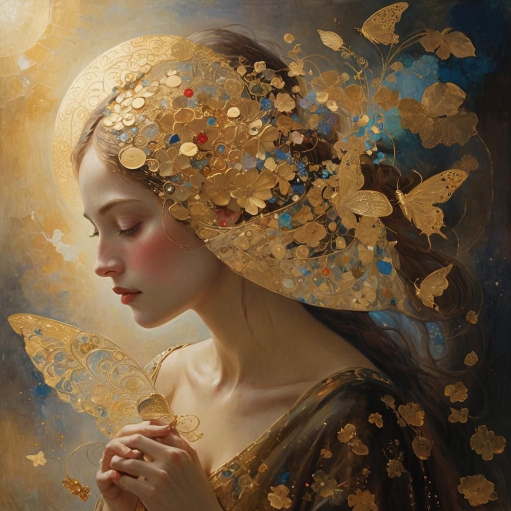 Ethereal Woman with Divine Script in Klimt-Inspired Style