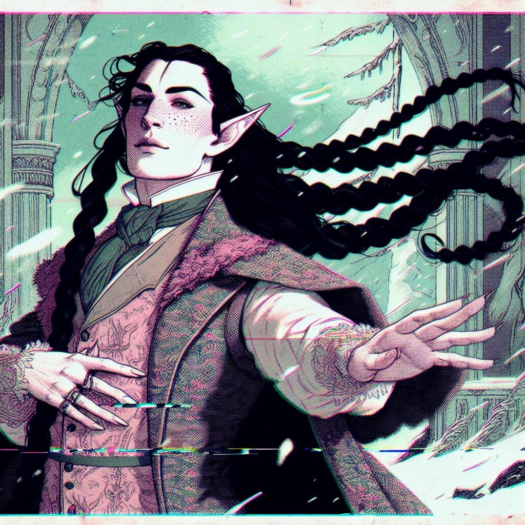 Heavyset Elven Prince in Snowy Art Deco Landscape