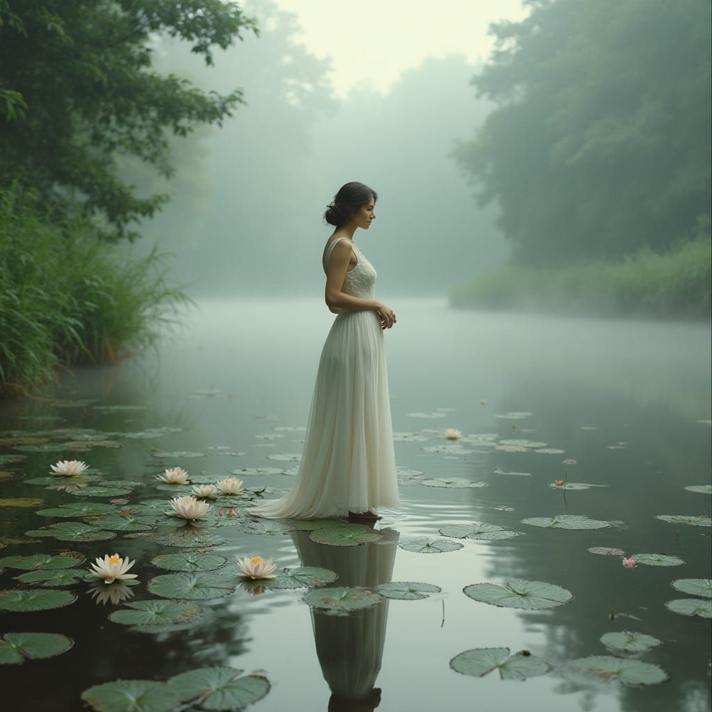 Ethereal Woman Lost in Contemplation by a Misty Lake