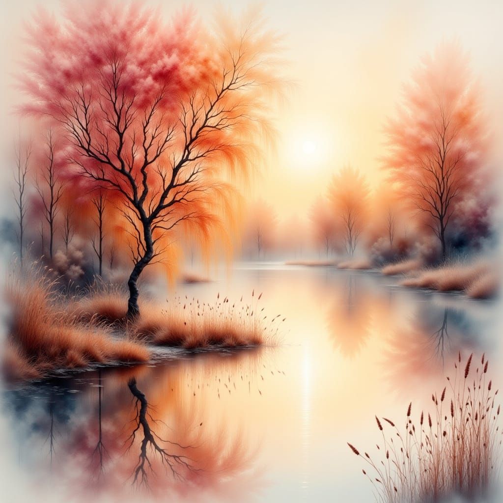 A Dreamy Rose-Gold Lake in Antique Watercolor Style