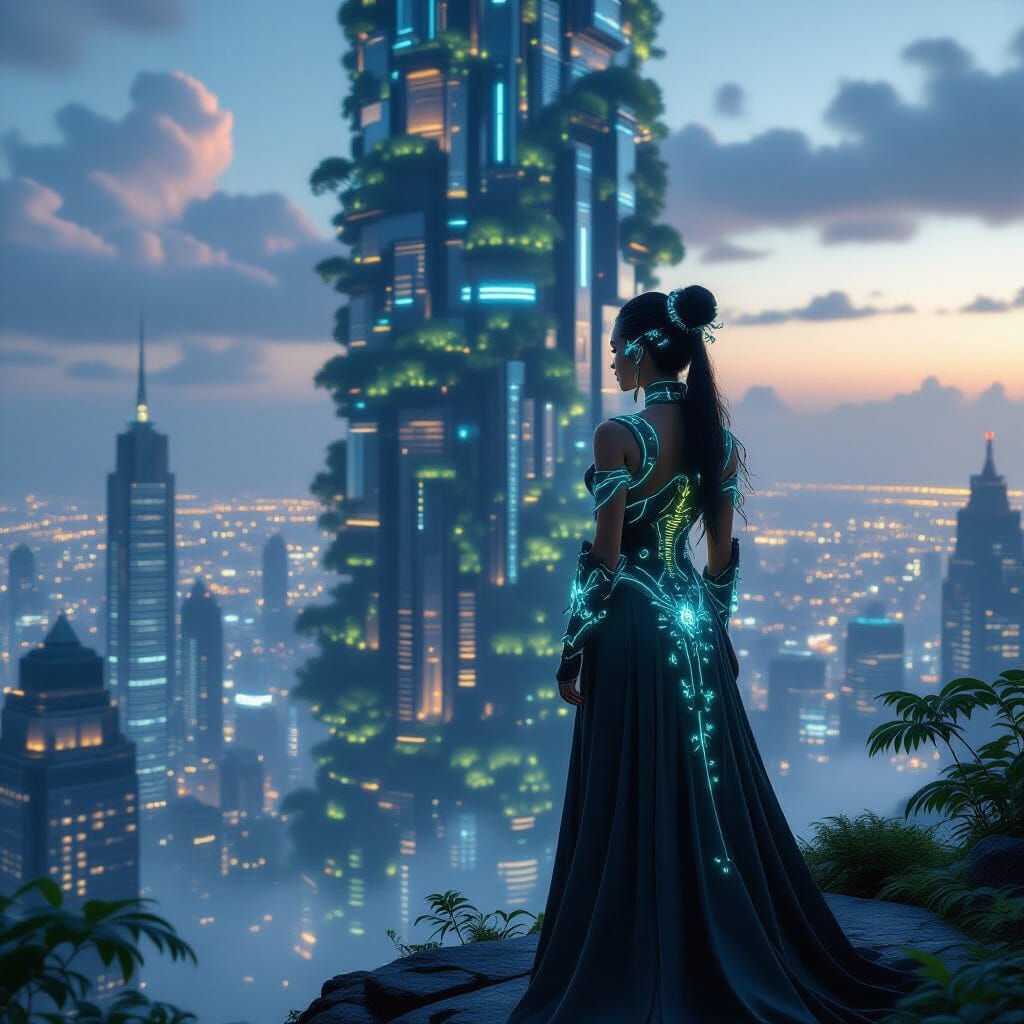 Majestic Woman in Bioluminescent Flora on Organic Skyscraper