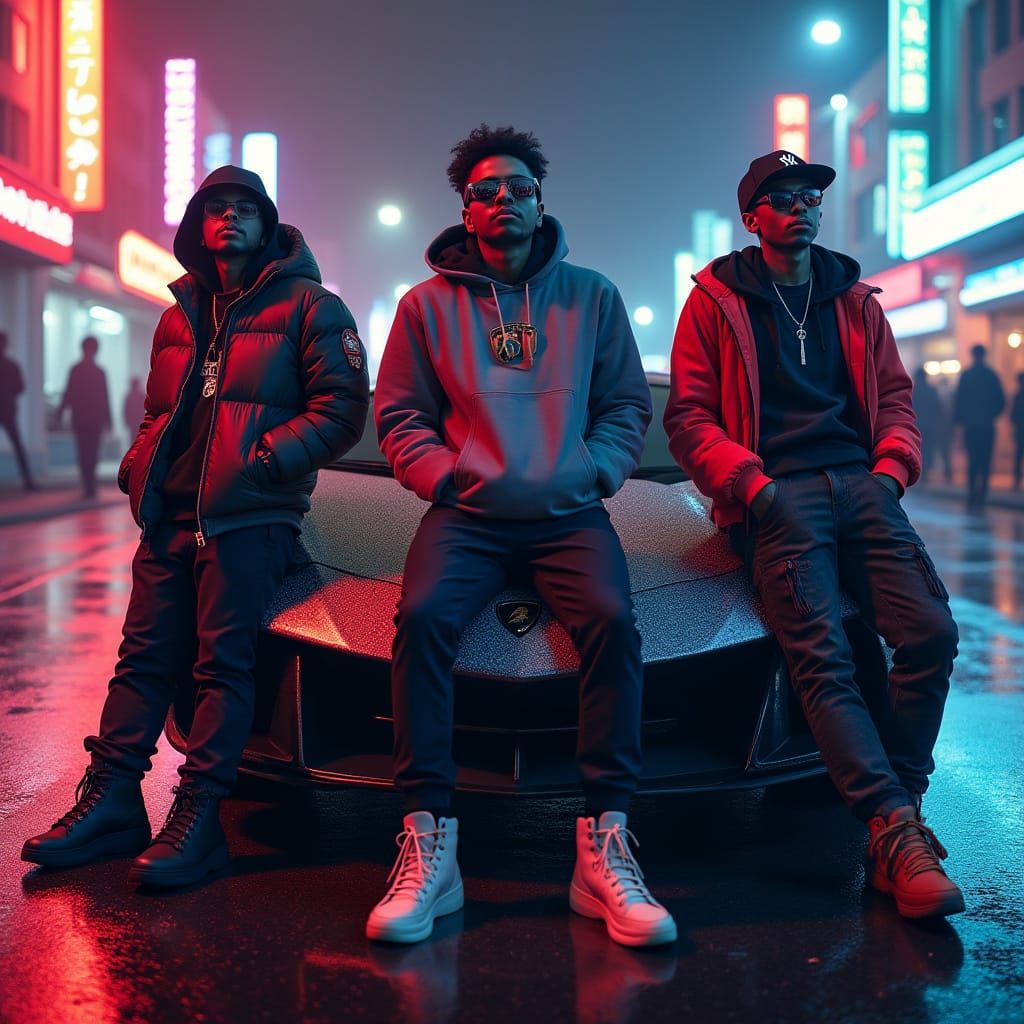 Trendy Gang Poses by Lamborghini in Neon City