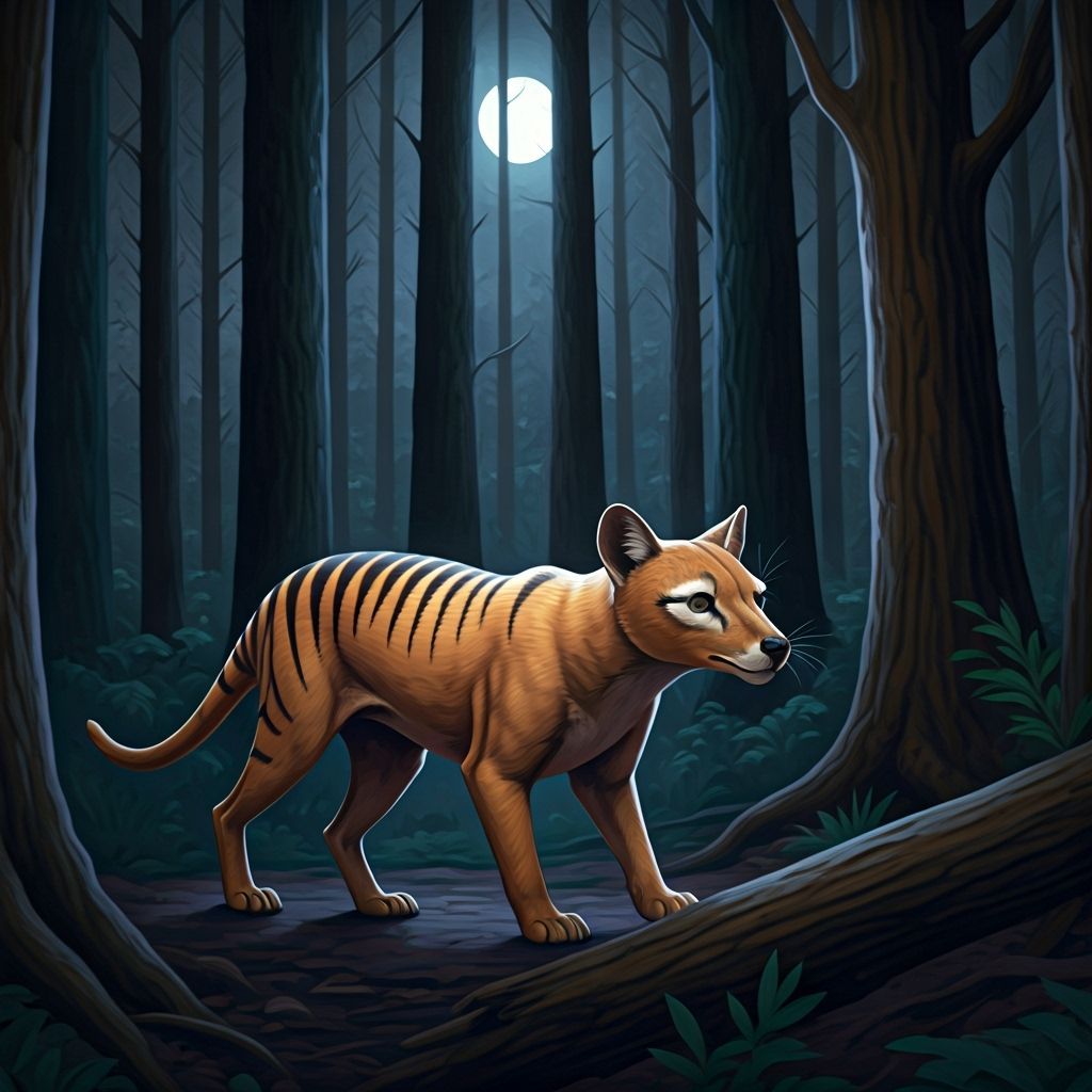 Thylacine in Moonlit Forest in Painterly Style