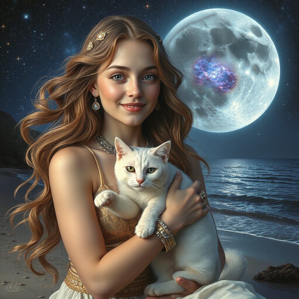 Cosmic Goddess with Cat in Matte Painting Style