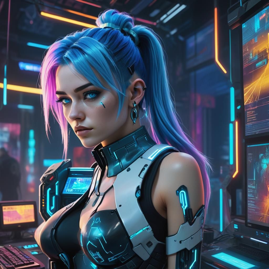 Cyberpunk Woman with Blue Hair in Neon Cityscape